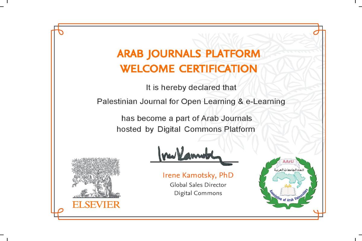 حصلت جامعة القدس المفتوحة على شهادات انضمام إلى منصة الدوريات العربية (Arab Journals) التي يتم استضافتها من خلال (Digital Commons Platform) برعاية دار النشر العالمية إلسفير