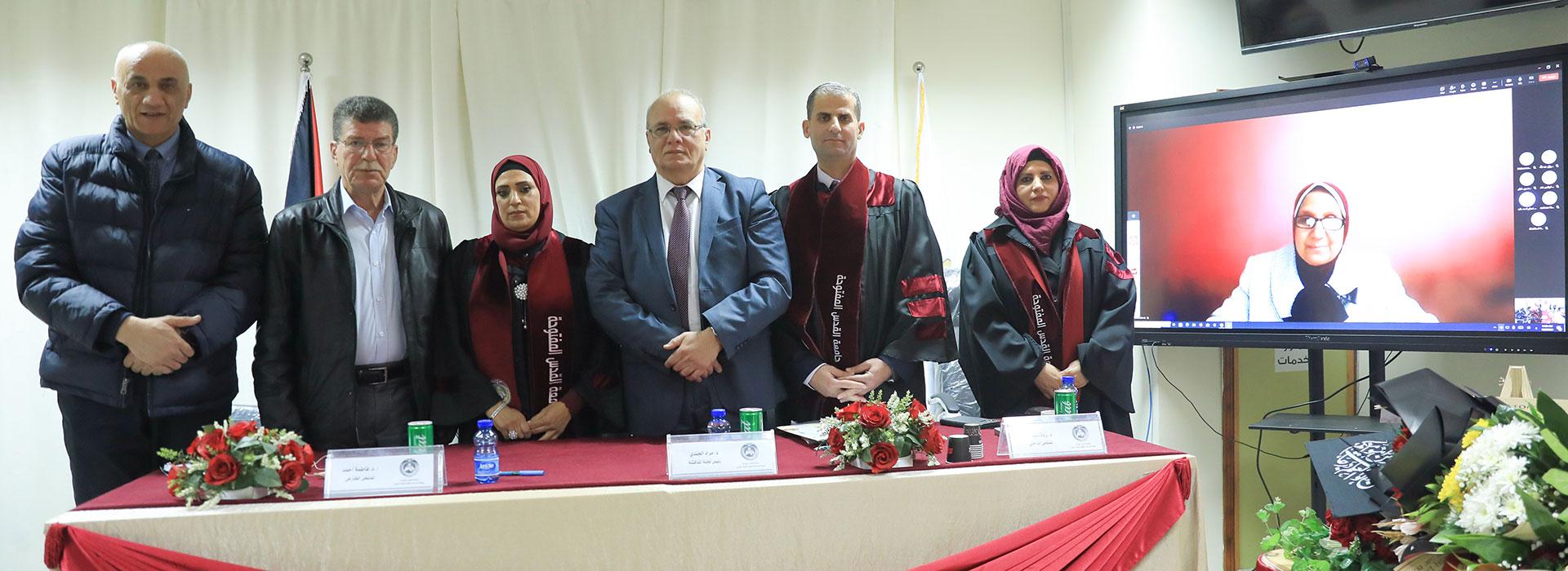 Discussion of the Master's Thesis of the ex-detainee student Sanaa Shahada, attended by the Head of the Commission for Detainee Affairs and the President of the University